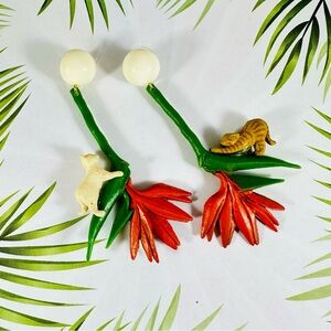 Tropical Animal Earrings with Red and Green Accents